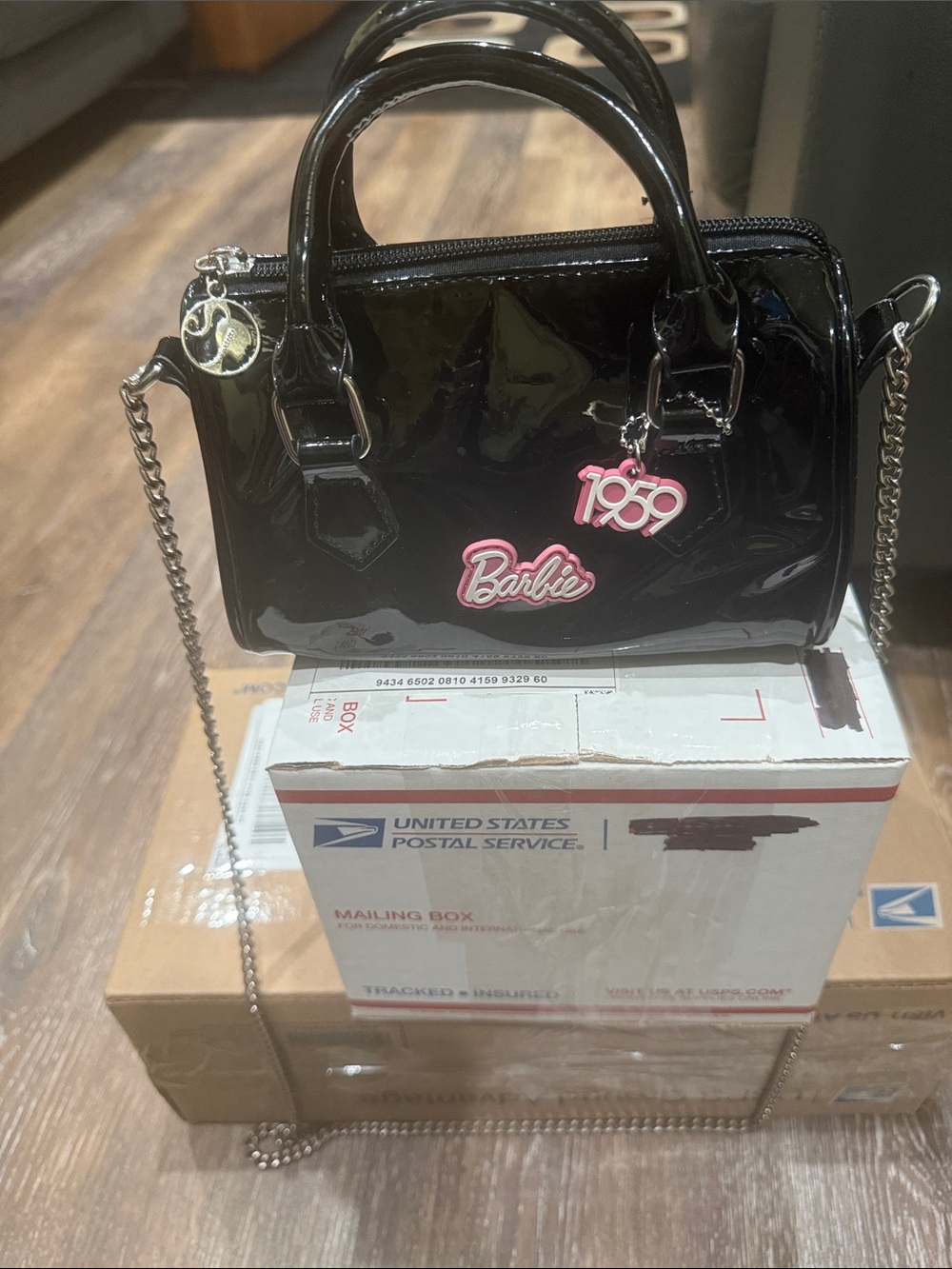 Barbie Black Patent Mini Satchel with Pink Logo Charms